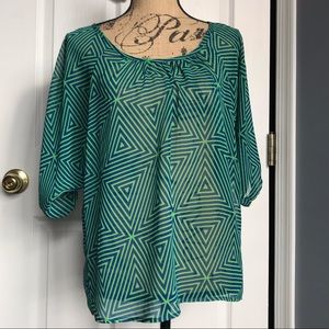 Love Notes Sheer Short Dolman Sleeve Blouse Blue/Green Size Medium